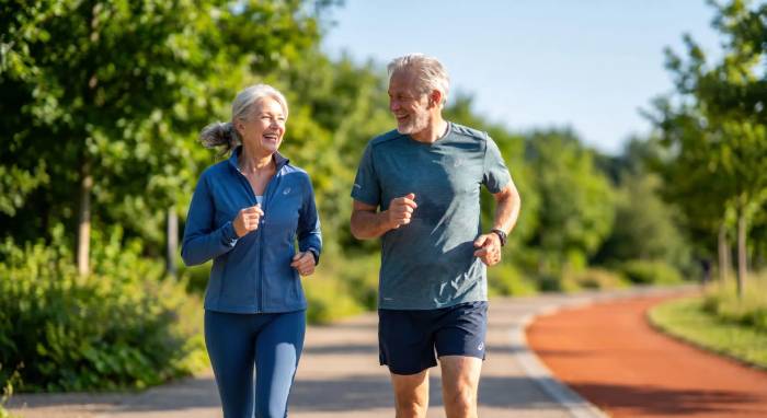 Senior man and woman in sportswear jogging and talking along a wooded park trail on a sunny morning