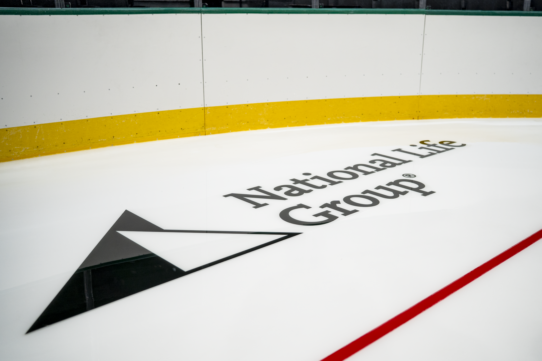 Close-up view of the National Life Group logo on the Dallas Stars hockey rink ice