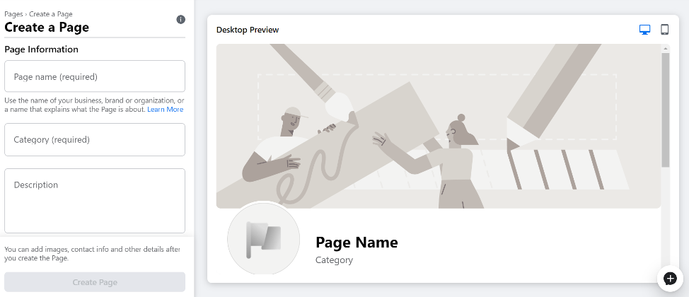 Screenshot of creating a page on Facebook
