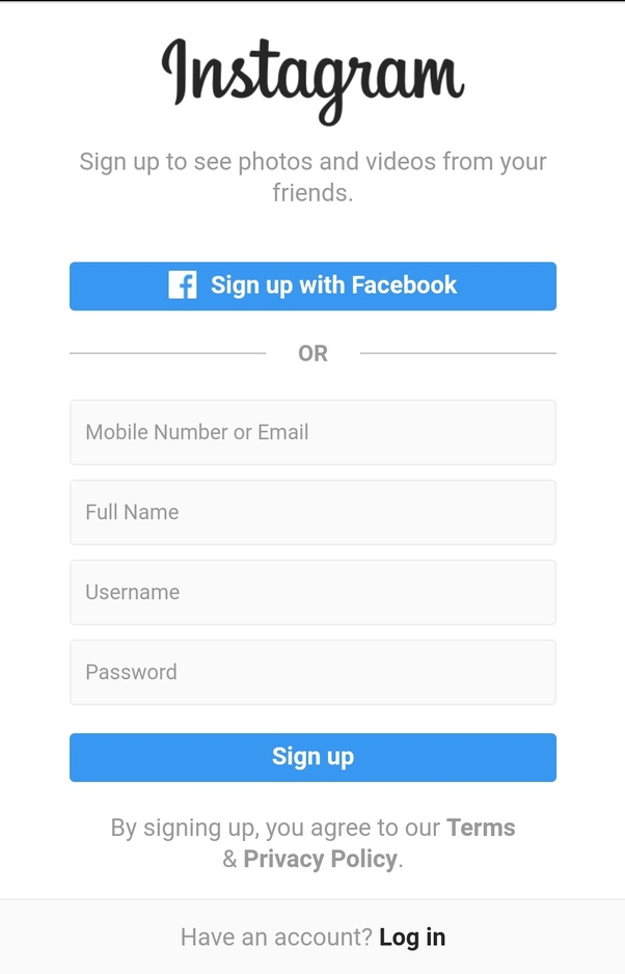 Screenshot of sign up for Instagram