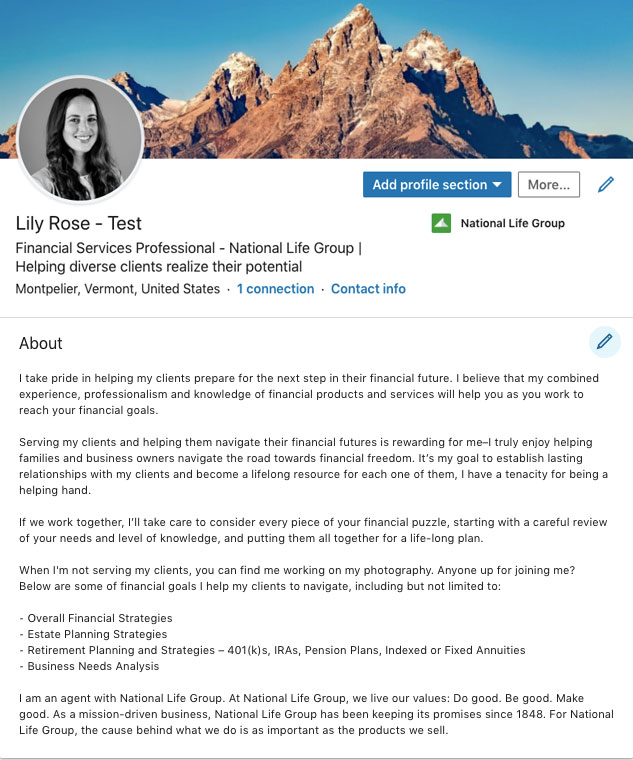 screenshot of about section on LinkedIn 