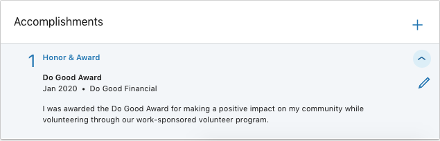 screenshot of Honor & Award section on LinkedIn 