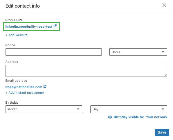 screenshot of URL change edit box on LinkedIn 