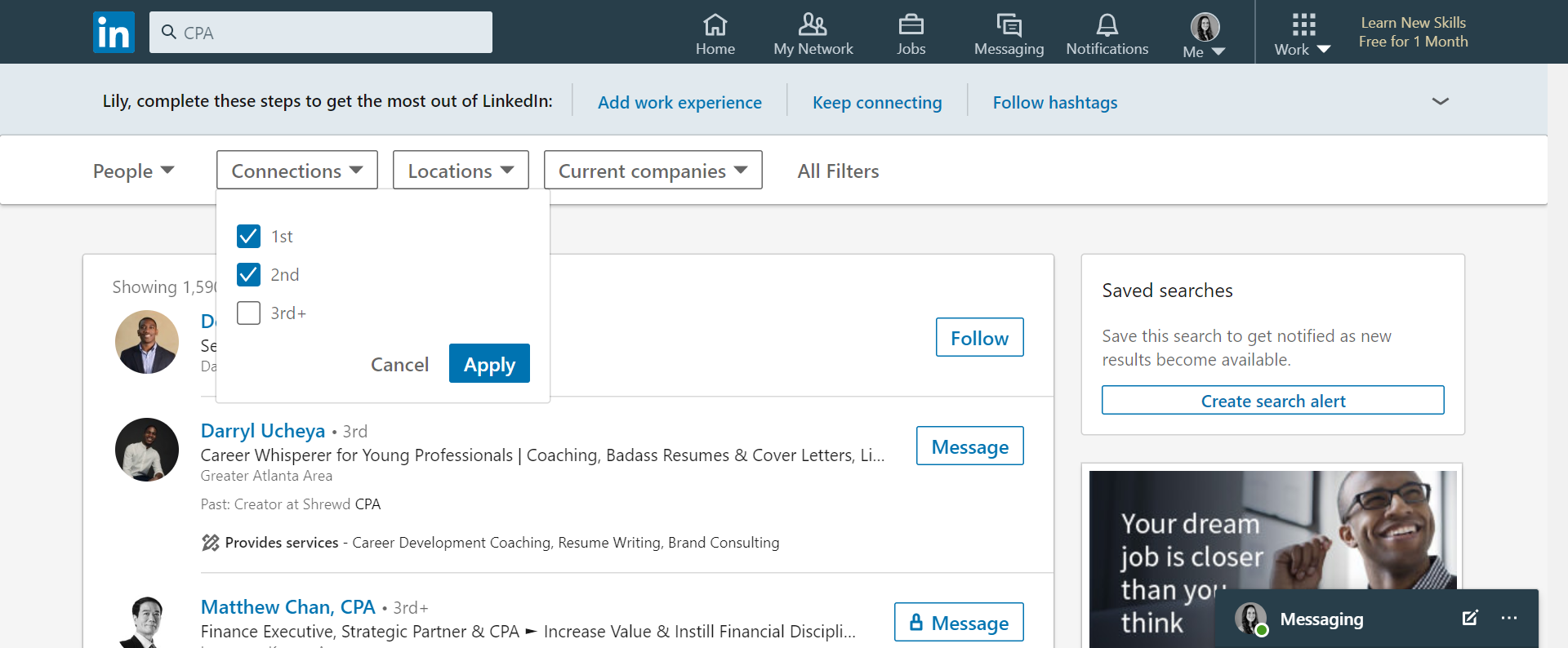 screenshot of Connections search filters on LinkedIn 
