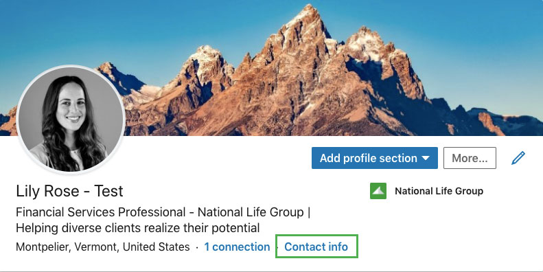 screenshot of contact info on LinkedIn 