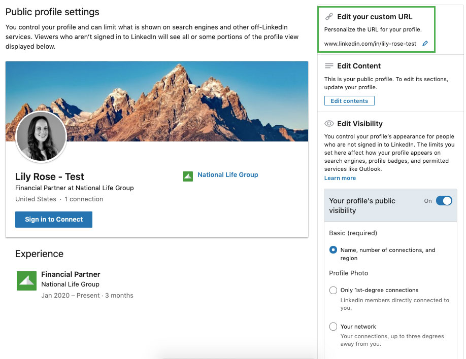 screenshot of custom URL edit box on LinkedIn 