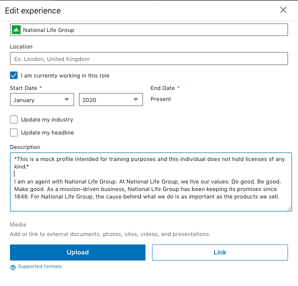 screenshot of Edit Experience section on LinkedIn 