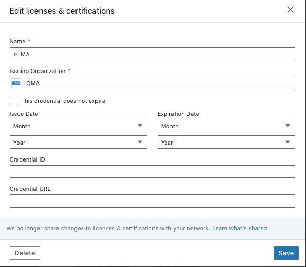 screenshot of Licenses & Certifications section on LinkedIn 