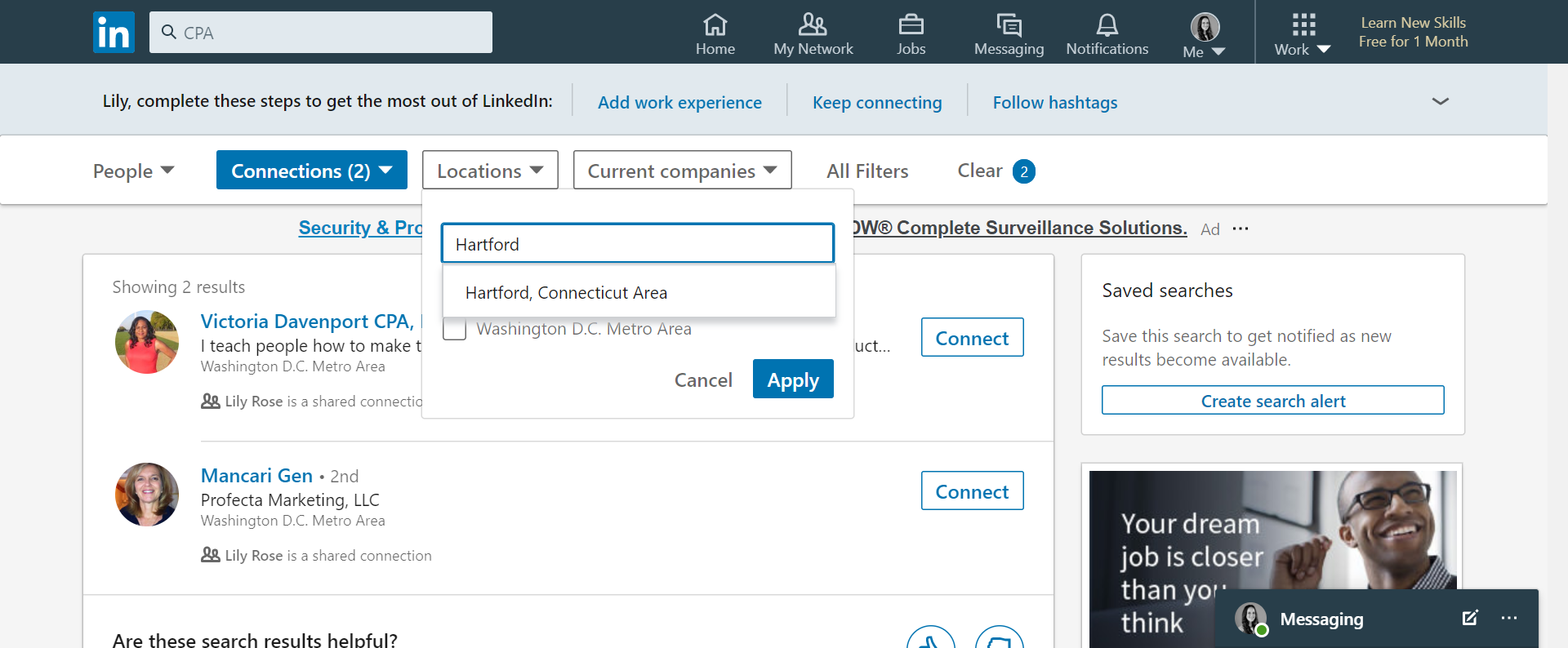 screenshot of Location search filters on LinkedIn 