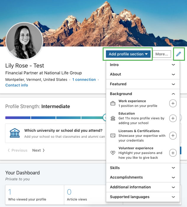 screenshot of a profile add a section on LinkedIn 