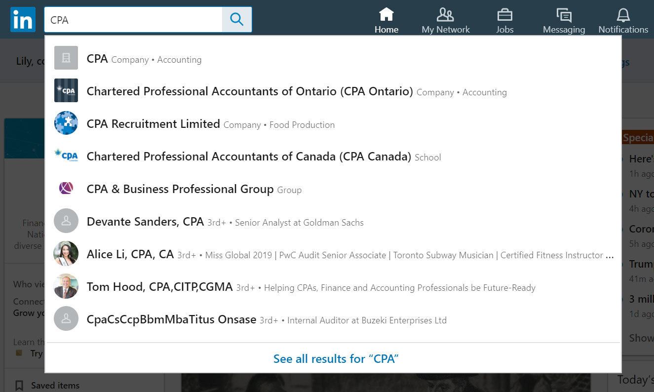 screenshot of search on LinkedIn 