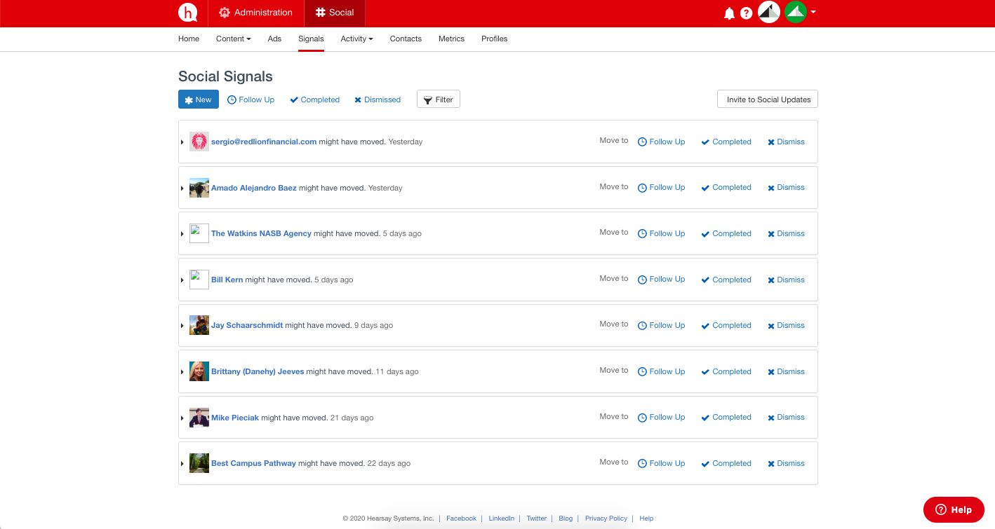 screenshot of a social signals on hearsay 